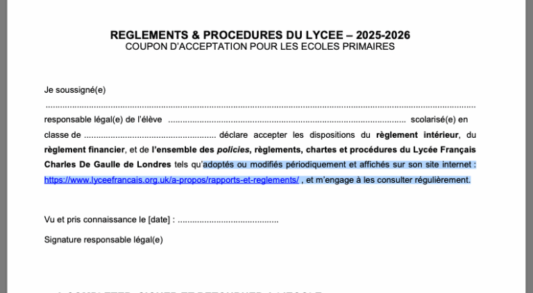 Information sur le coupon d’acceptation des règlements du Lycée